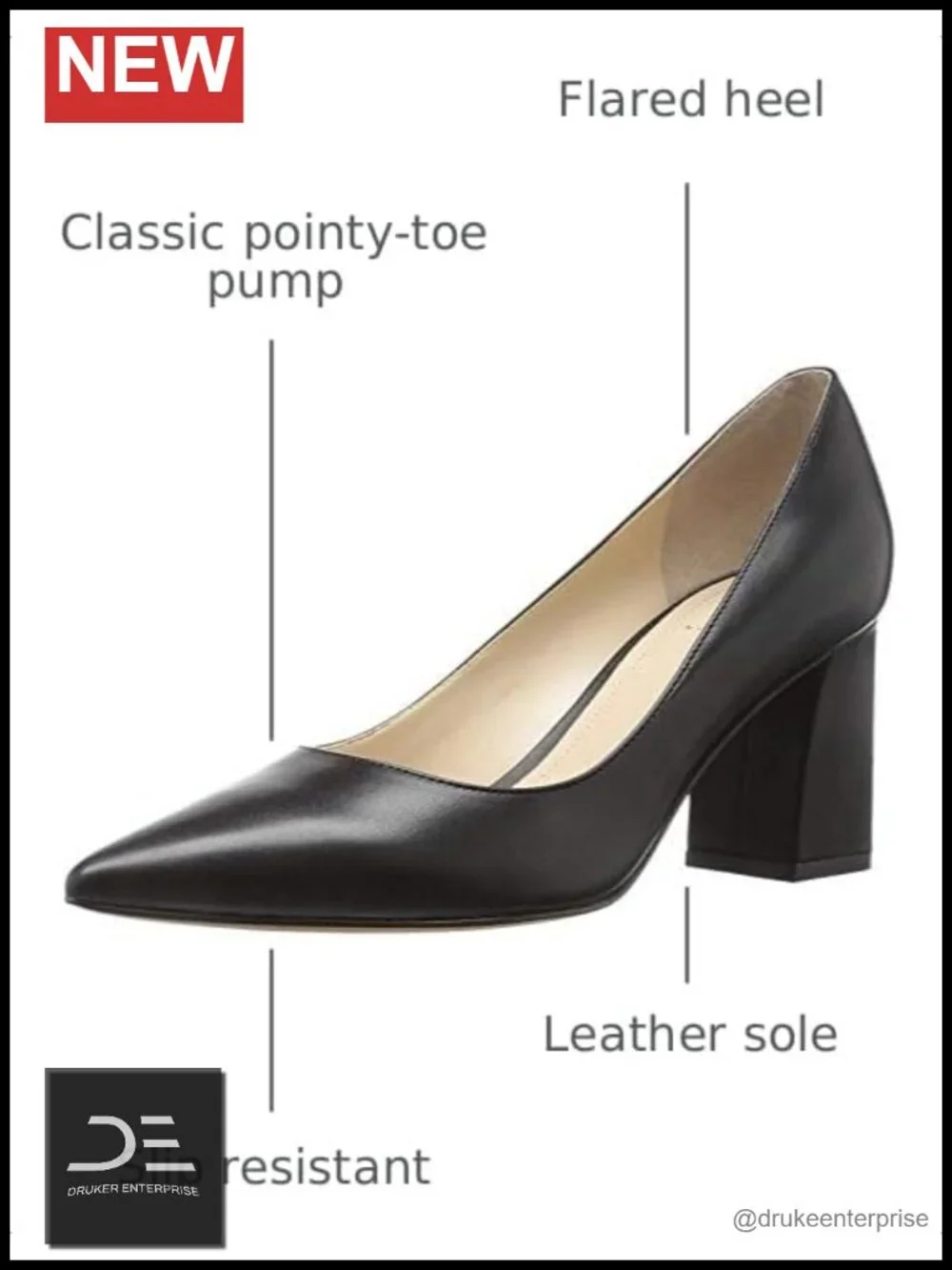 Leather Pointed Toe Block Heel Pump Slip On Dress Shoes